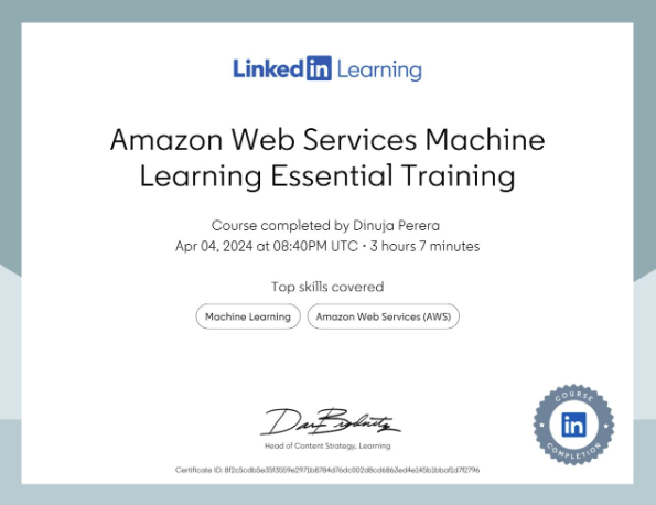 Amazon Web Services Machine Learning Essential Training certificate preview