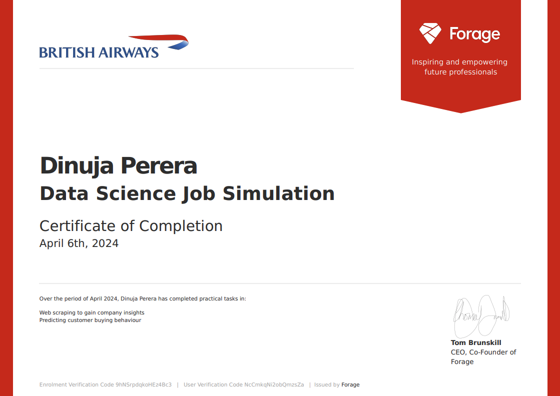 British Airways Data Science Job Simulation certificate preview